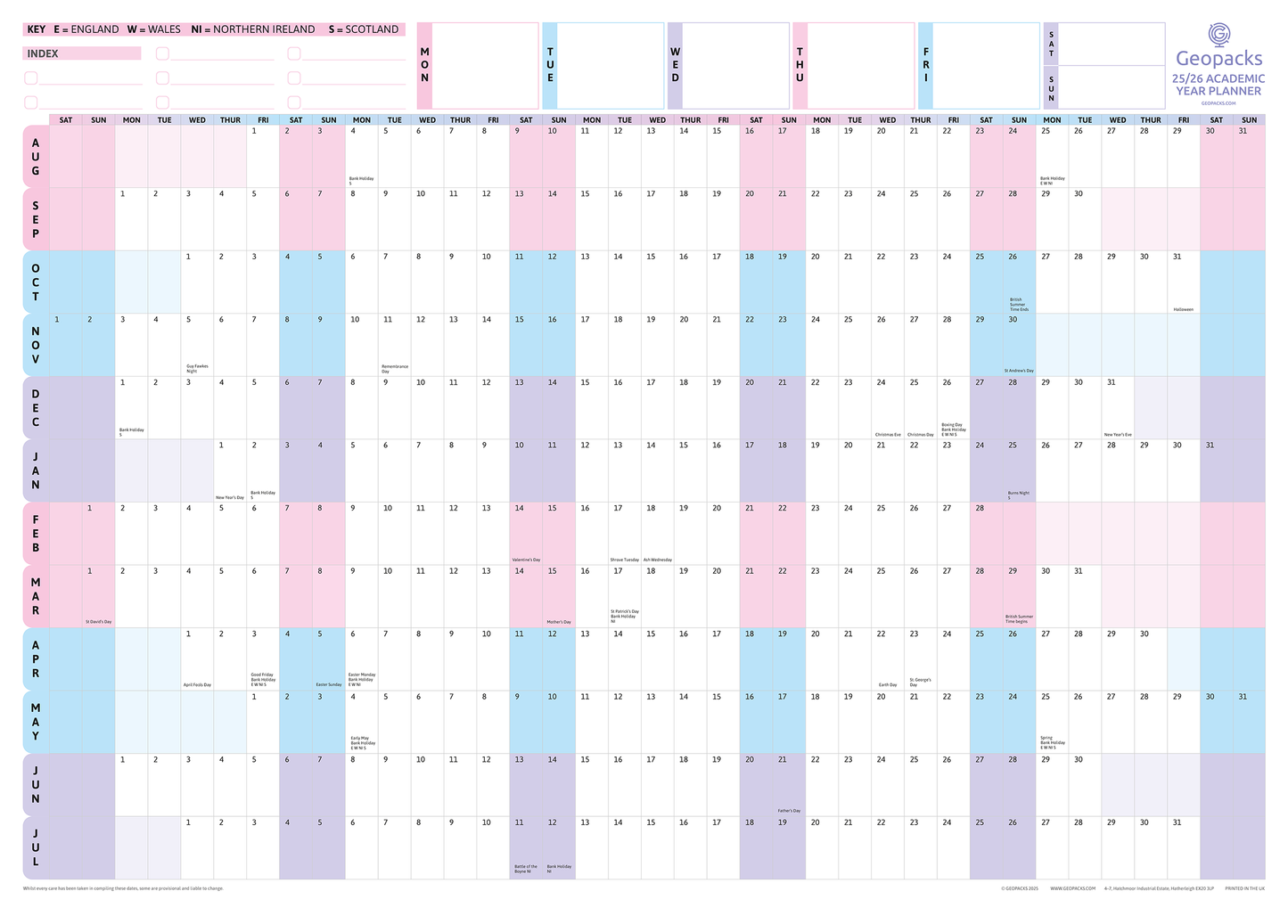 2025 / 2026 Academic Year Wall Planner