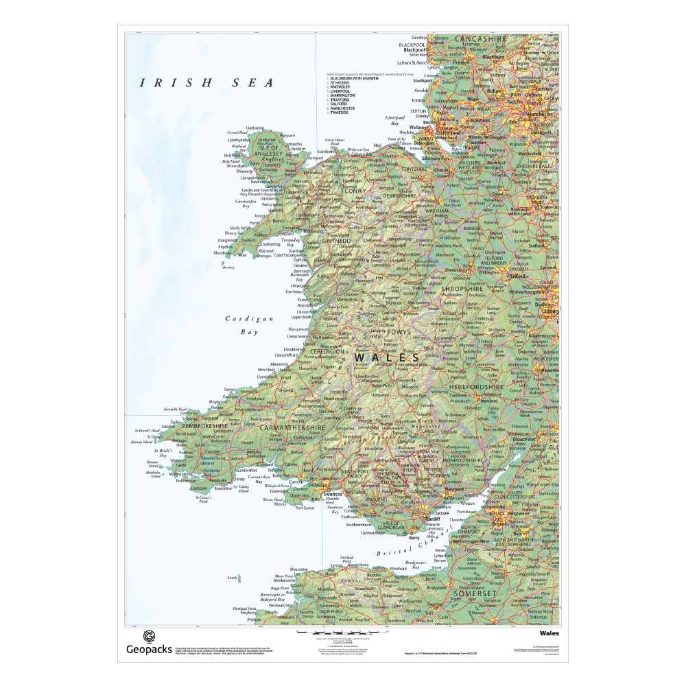 Physical Map of Wales Wall Map