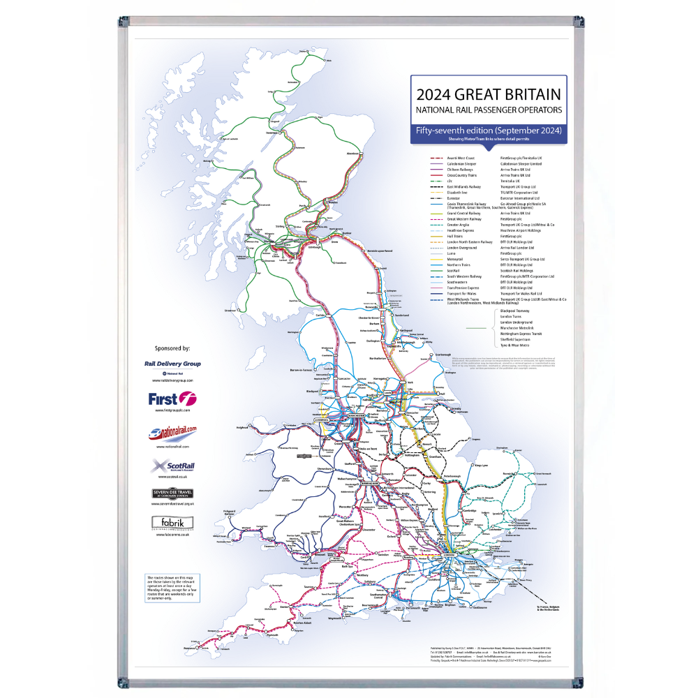 UK Rail Operators Map 57th  Edition - Laminated Railway Wall Map