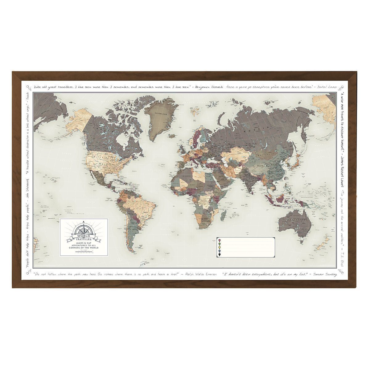 Personalised World Traveller Map - framed map of the world with pins ...