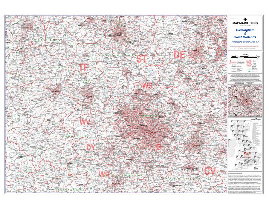 Wall Maps - Birmingham & West Midlands Postcode Map - Sector Map 13