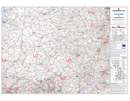 Central Wales and Herefordshire Postcode Wall Map - Sector Map 12 ...