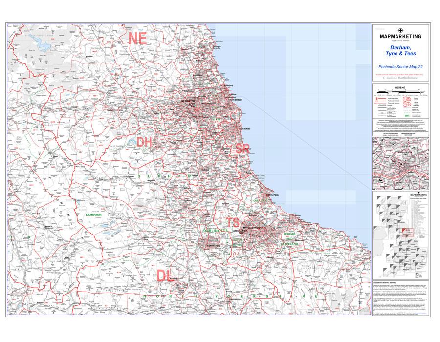 Wall Maps - Durham, Tyne And Tees (Newcastle Upon Tyne) Postcode Wall Map - Sector Map 22