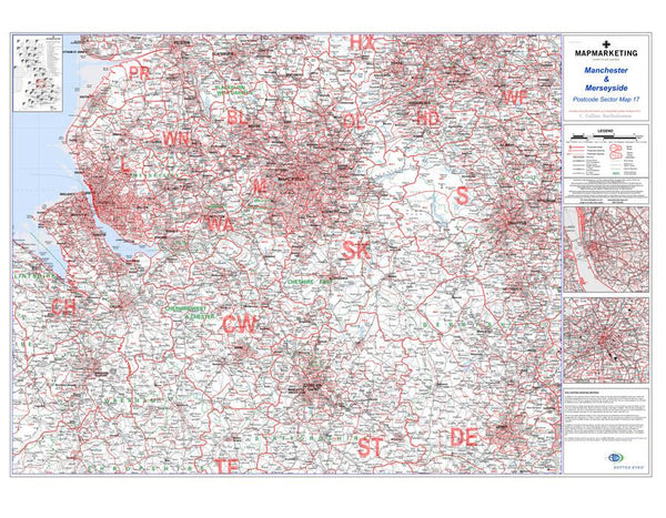 Manchester and Merseyside (Liverpool) Postcode Wall Map - Sector Map 1 ...