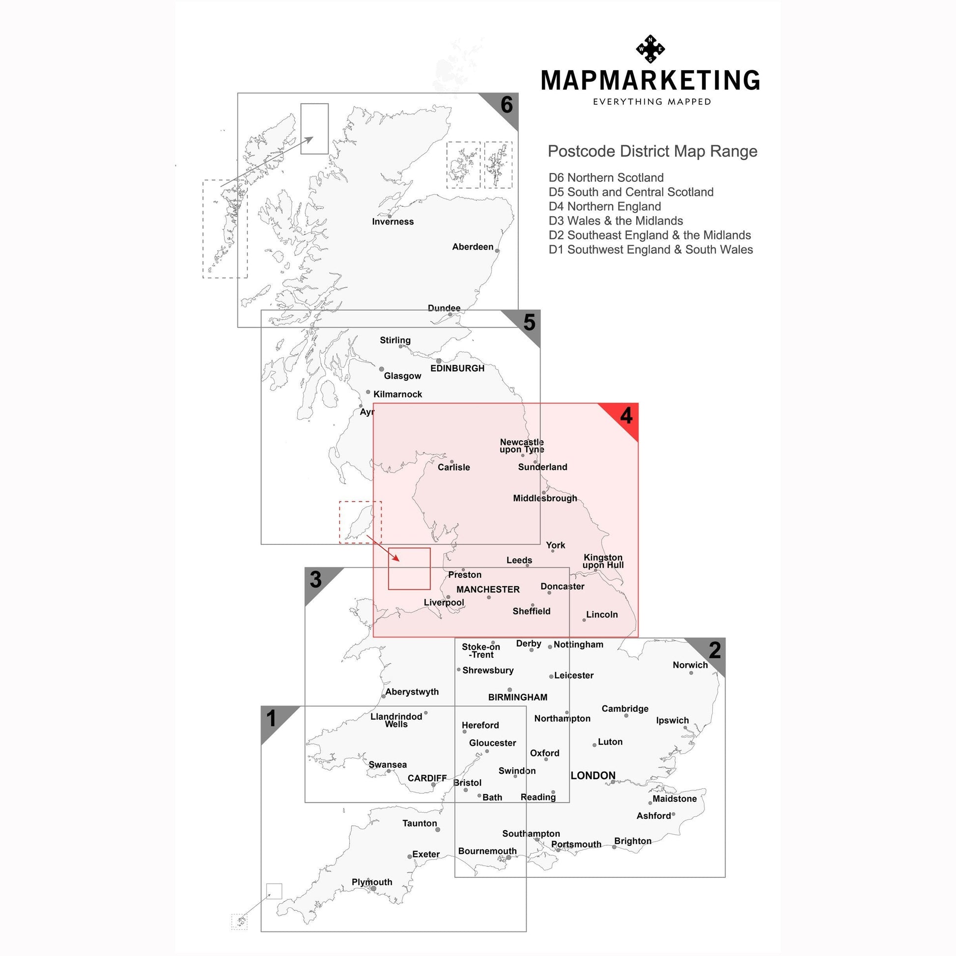 Wall Maps - Northern England (Newcastle-upon-Tyne, Leeds, Manchester & Liverpool) Postcode Map - District Map 4