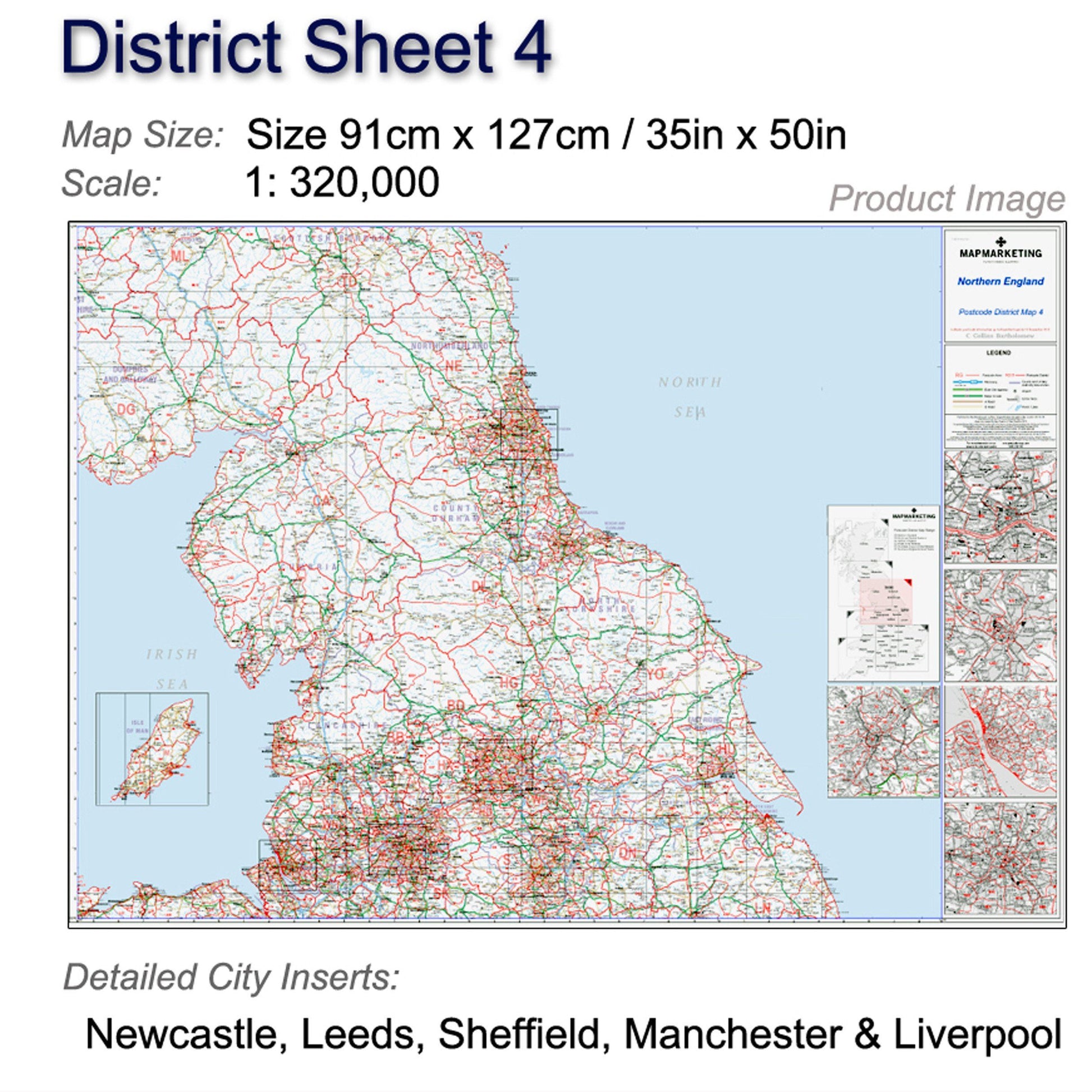 Wall Maps - Northern England (Newcastle-upon-Tyne, Leeds, Manchester & Liverpool) Postcode Map - District Map 4