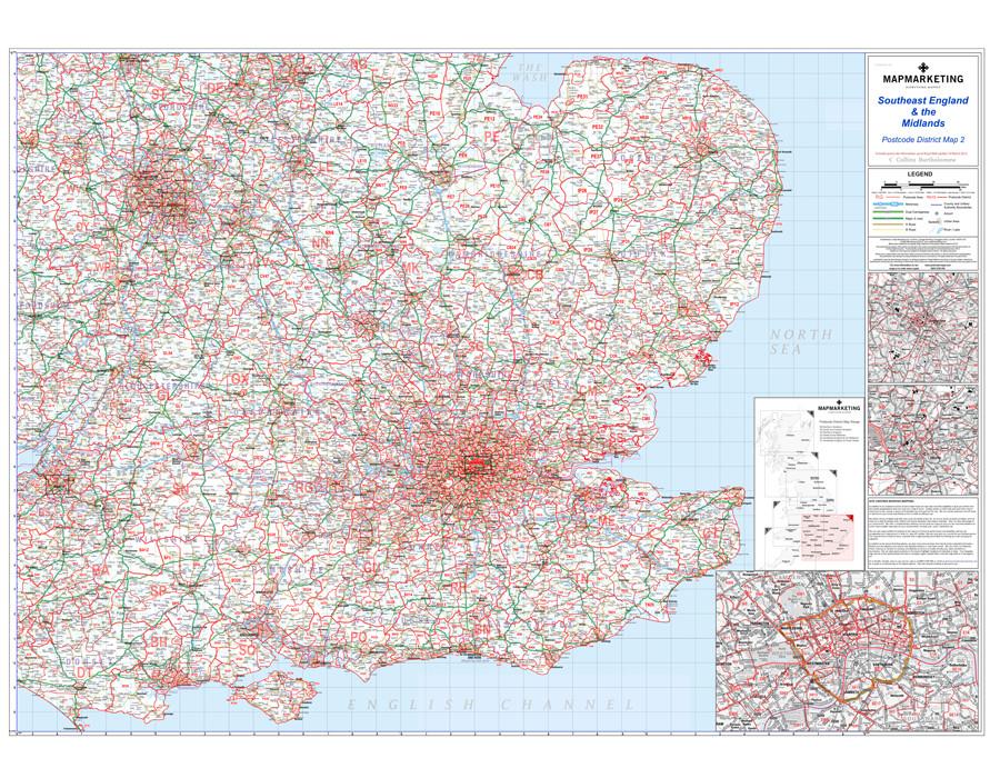 Wall Maps - Southeast England & Midlands (Birmingham, Bristol, London) Postcode Wall Map - District Map 2