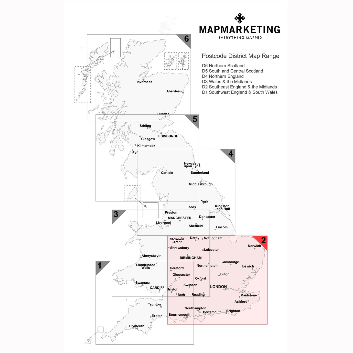 Wall Maps - Southeast England & Midlands (Birmingham, Bristol, London) Postcode Wall Map - District Map 2