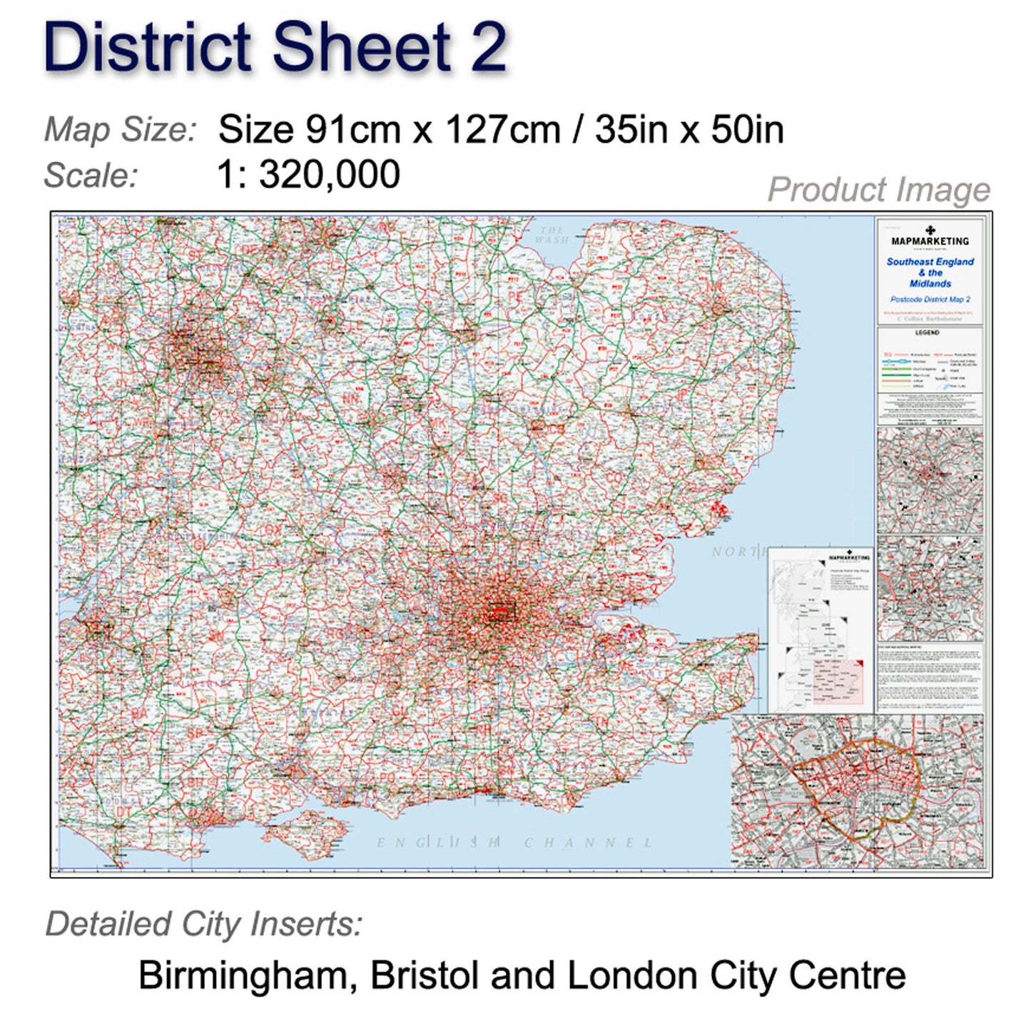 Wall Maps - Southeast England & Midlands (Birmingham, Bristol, London) Postcode Wall Map - District Map 2